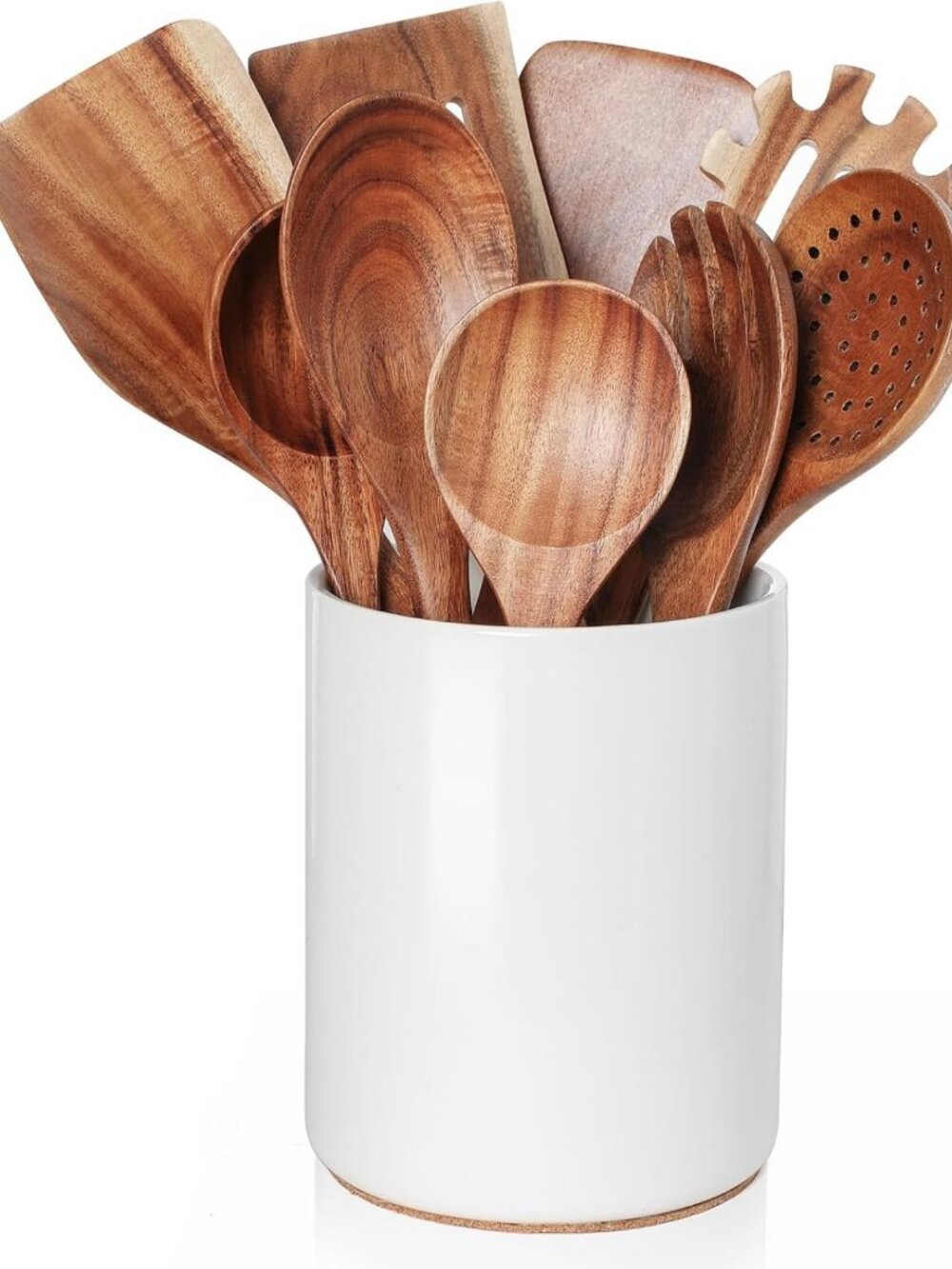 10-Piece Wooden Cooking Utensils Set with Ceramic Holder - Teak Kitchen Tools